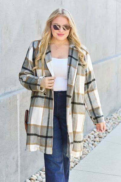 Double Take Full Size Plaid Button Up Lapel Collar Coat in - Coats & Jackets photo