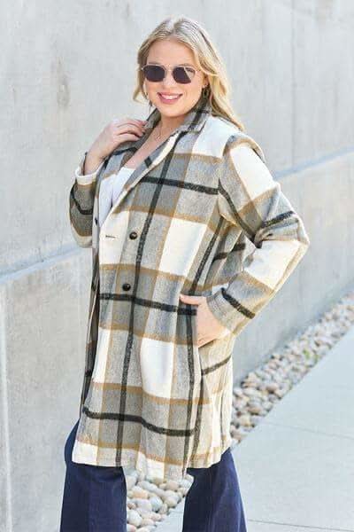 Double Take Full Size Plaid Button Up Lapel Collar Coat in - Coats & Jackets photo