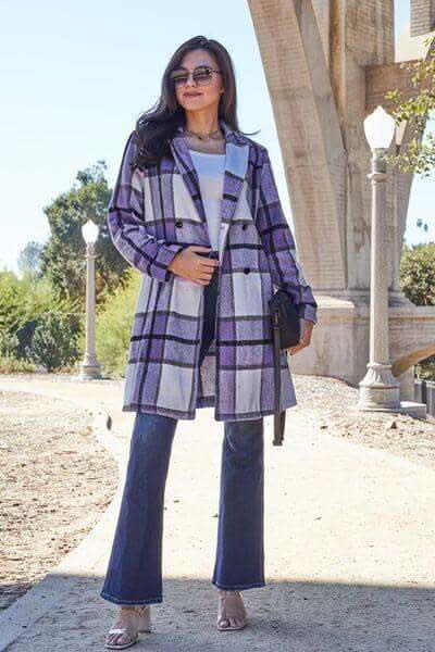 Double Take Full Size Plaid Button Up Lapel Collar Coat in Violet - Coats & Jackets photo