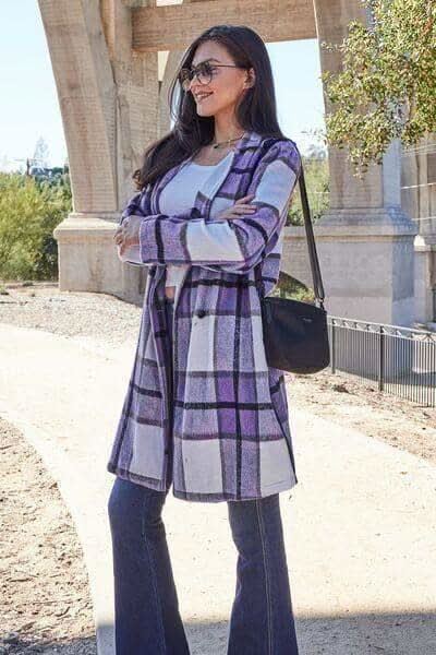 Double Take Full Size Plaid Button Up Lapel Collar Coat in - Coats & Jackets photo