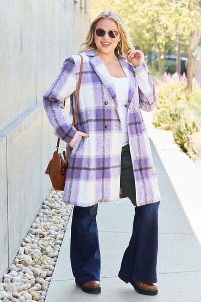 Double Take Full Size Plaid Button Up Lapel Collar Coat in - Coats & Jackets photo