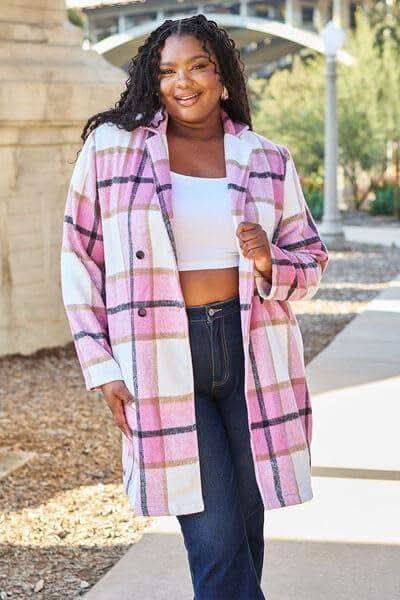 Double Take Full Size Plaid Button Up Lapel Collar Coat in - Coats & Jackets photo
