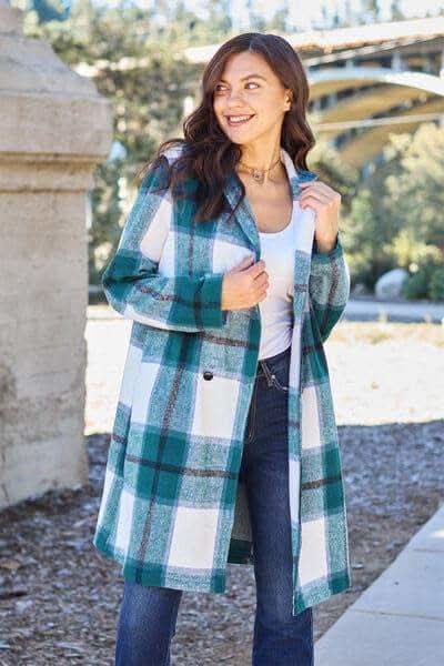 Double Take Full Size Plaid Button Up Lapel Collar Coat in French Blue - Coats & Jackets photo