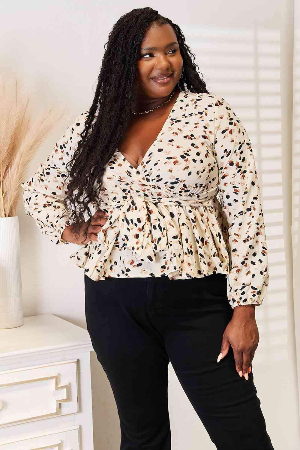 Double Take Printed Tied Plunge Peplum Blouse - SwagglyLife Home & Fashion