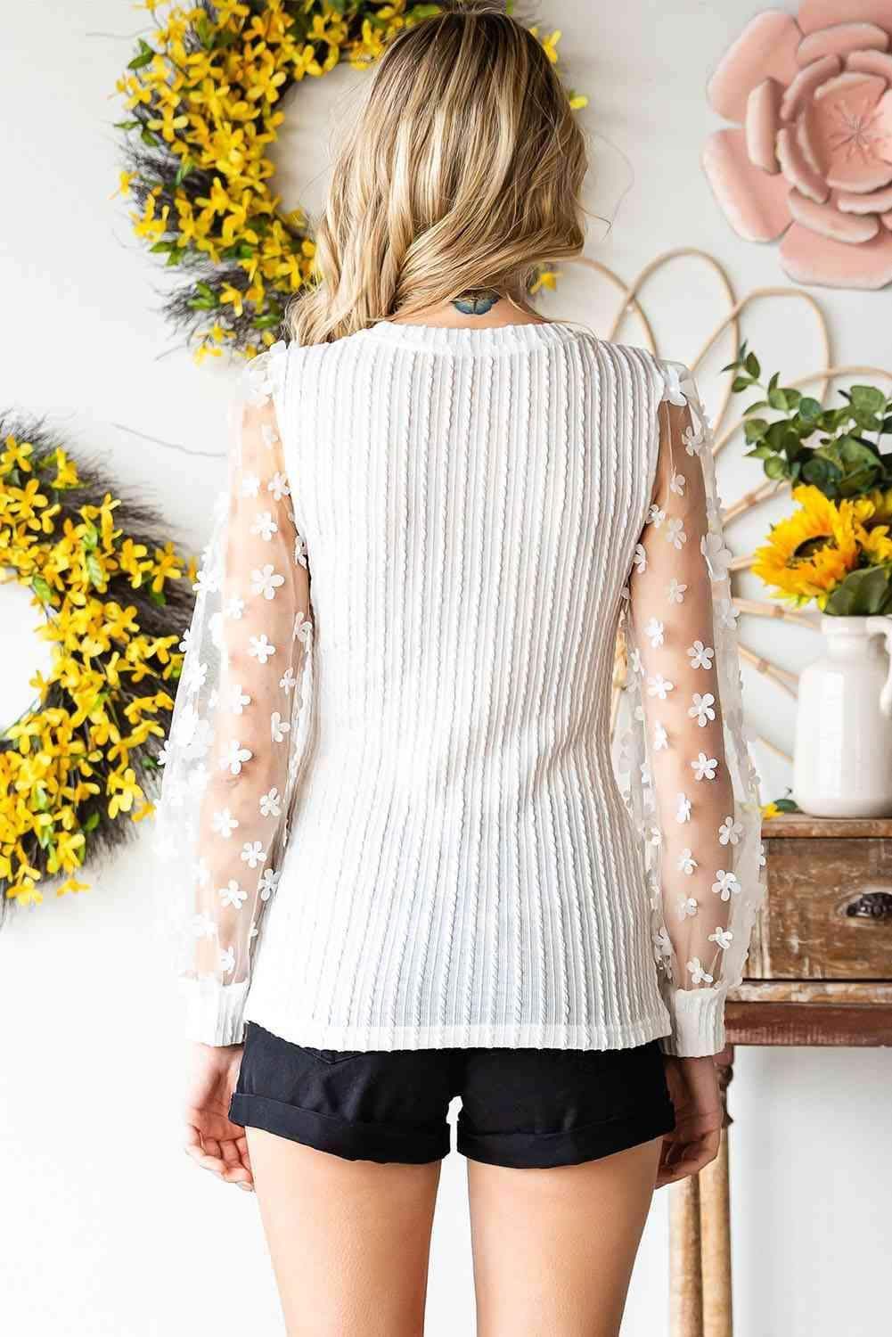 Double Take Textured Applique Long Sleeve Blouse - SwagglyLife Home & Fashion