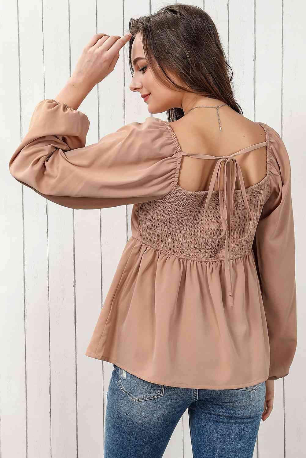 Double Take Tie Back Smocked Long Sleeve Babydoll Blouse in - photo