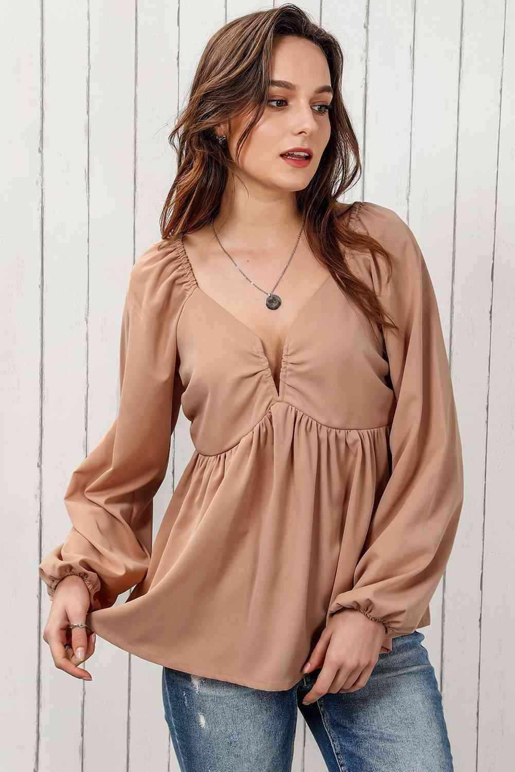 Double Take Tie Back Smocked Long Sleeve Babydoll Blouse in - photo