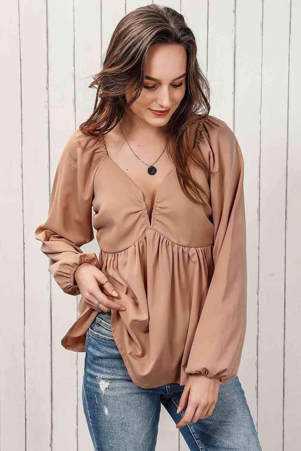 Double Take Tie Back Smocked Long Sleeve Babydoll Blouse in - photo