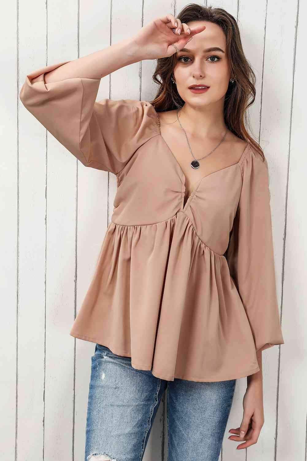 Double Take Tie Back Smocked Long Sleeve Babydoll Blouse in - photo