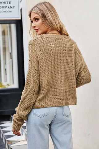 Cable-Knit Round Neck Dropped Shoulder Sweater, Camel - SwagglyLife Home & Fashion Cable-Knit Round Neck Dropped Shoulder Sweater, Camel - SwagglyLife Home & Fashion