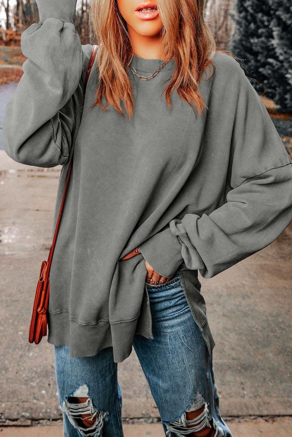 Emily Dropped Shoulder Round Neck Long Sleeve Blouse - SwagglyLife Home & Fashion