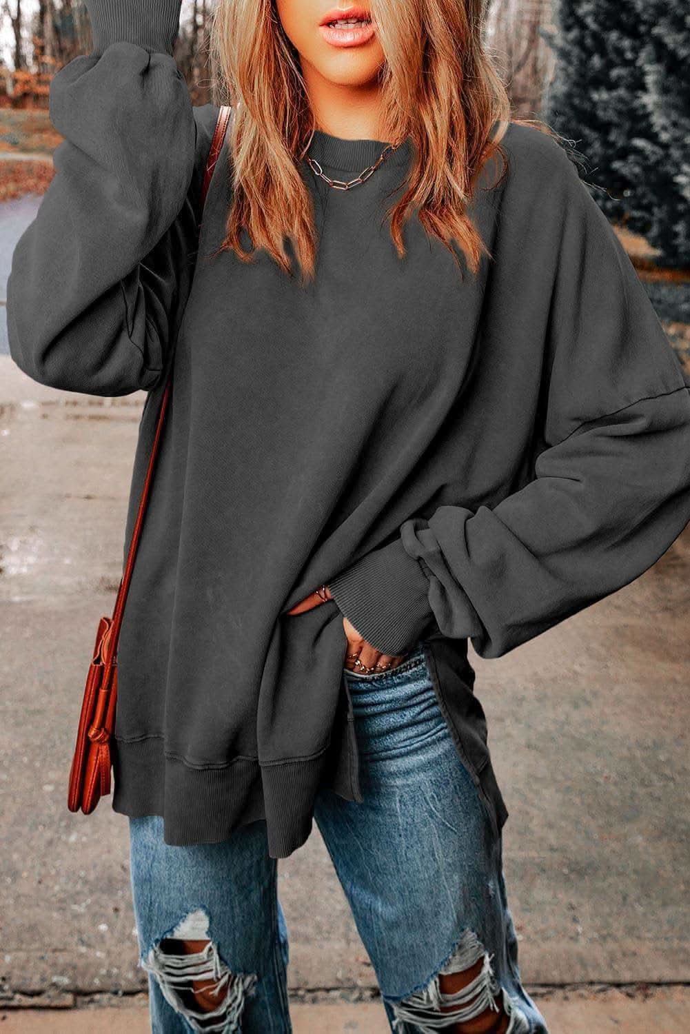 Emily Dropped Shoulder Round Neck Long Sleeve Blouse - SwagglyLife Home & Fashion