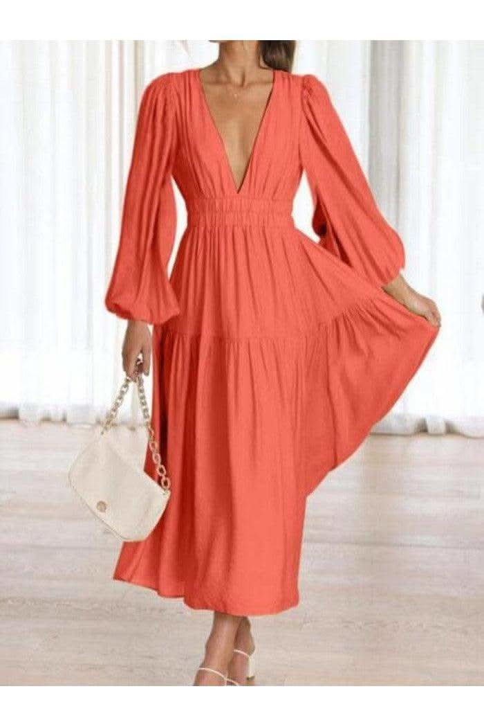 Feeling Myself Deep V-Neck Balloon Sleeve Plain Maxi Dress in - Dresses photo