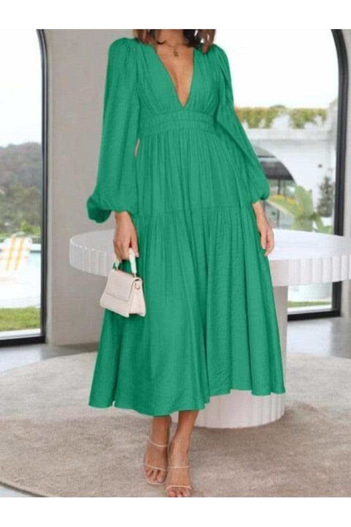Feeling Myself Deep V-Neck Balloon Sleeve Plain Maxi Dress in Green - Dresses photo