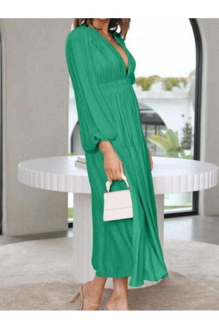 Feeling Myself Deep V-Neck Balloon Sleeve Plain Maxi Dress in - Dresses photo