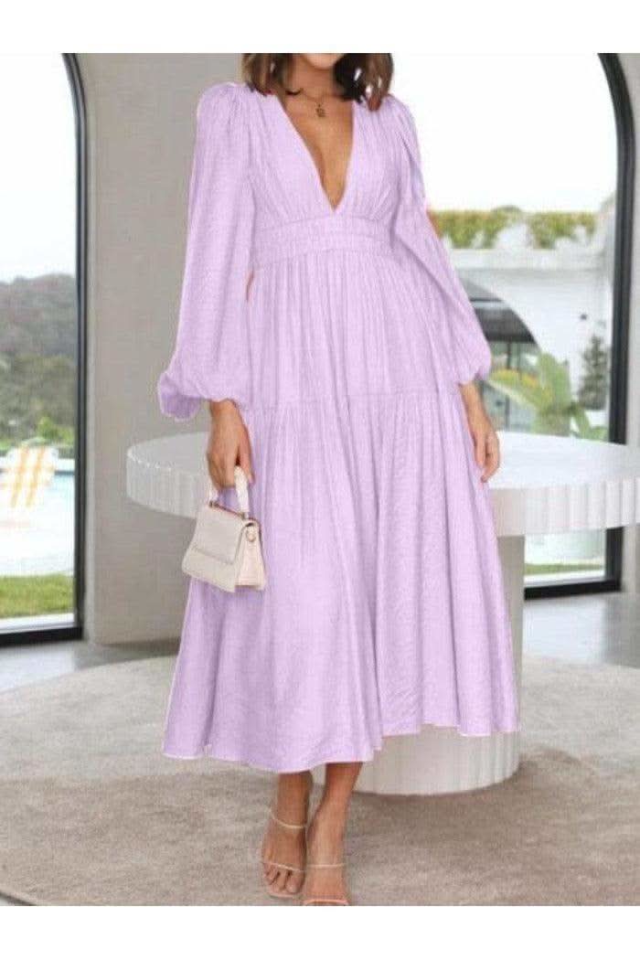 Feeling Myself Deep V-Neck Balloon Sleeve Plain Maxi Dress in Lavender - Dresses photo