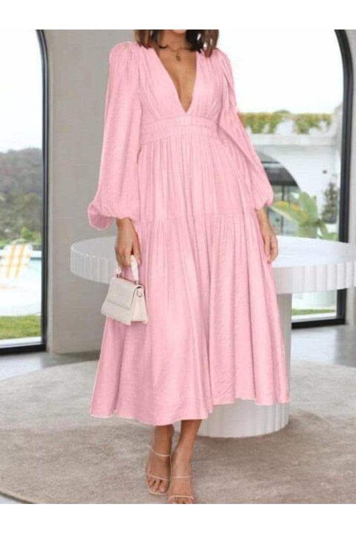 Feeling Myself Deep V-Neck Balloon Sleeve Plain Maxi Dress in Blush Pink - Dresses photo