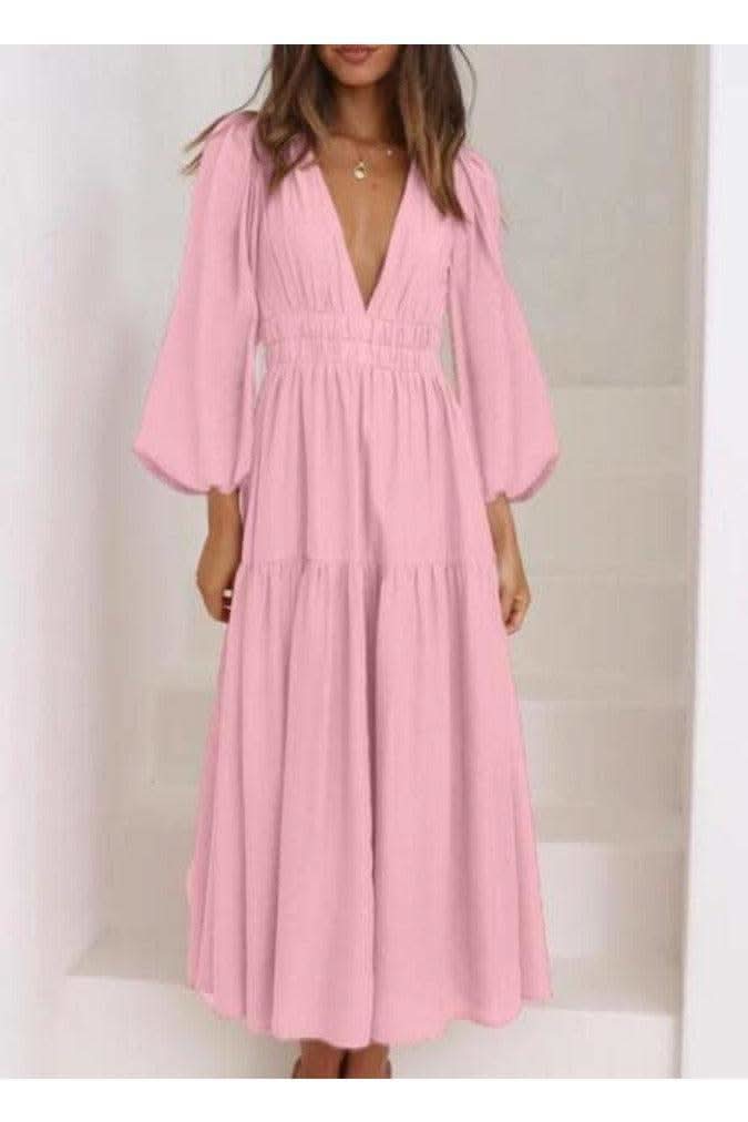 Feeling Myself Deep V-Neck Balloon Sleeve Plain Maxi Dress in - Dresses photo