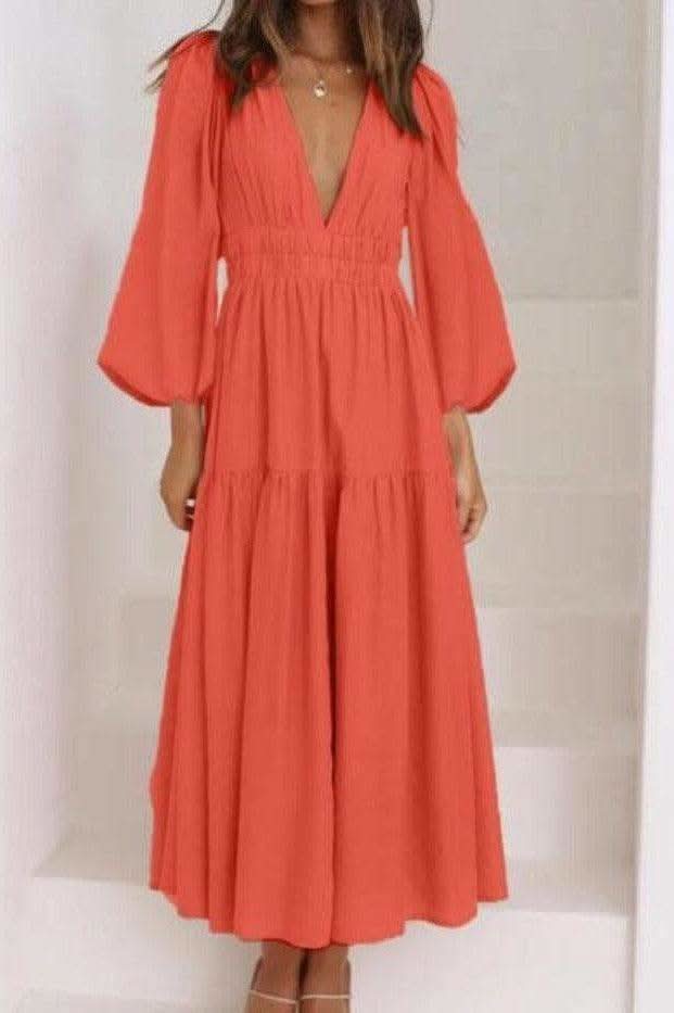 Feeling Myself Deep V-Neck Balloon Sleeve Plain Maxi Dress in Strawberry - Dresses photo