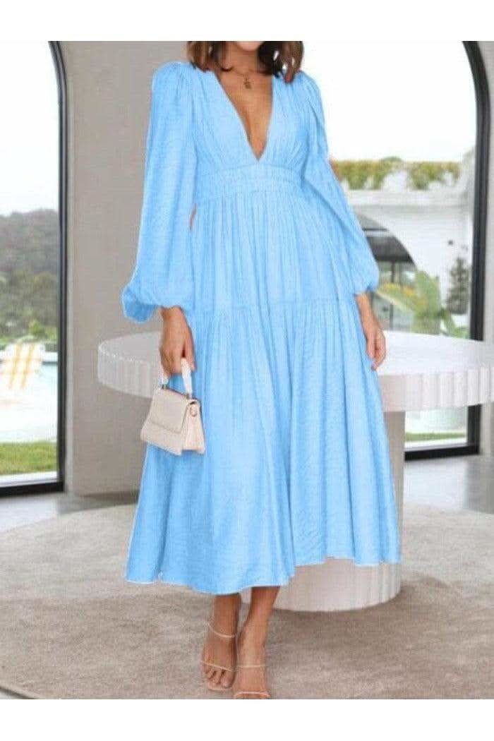 Feeling Myself Deep V-Neck Balloon Sleeve Plain Maxi Dress in Pastel Blue - Dresses photo