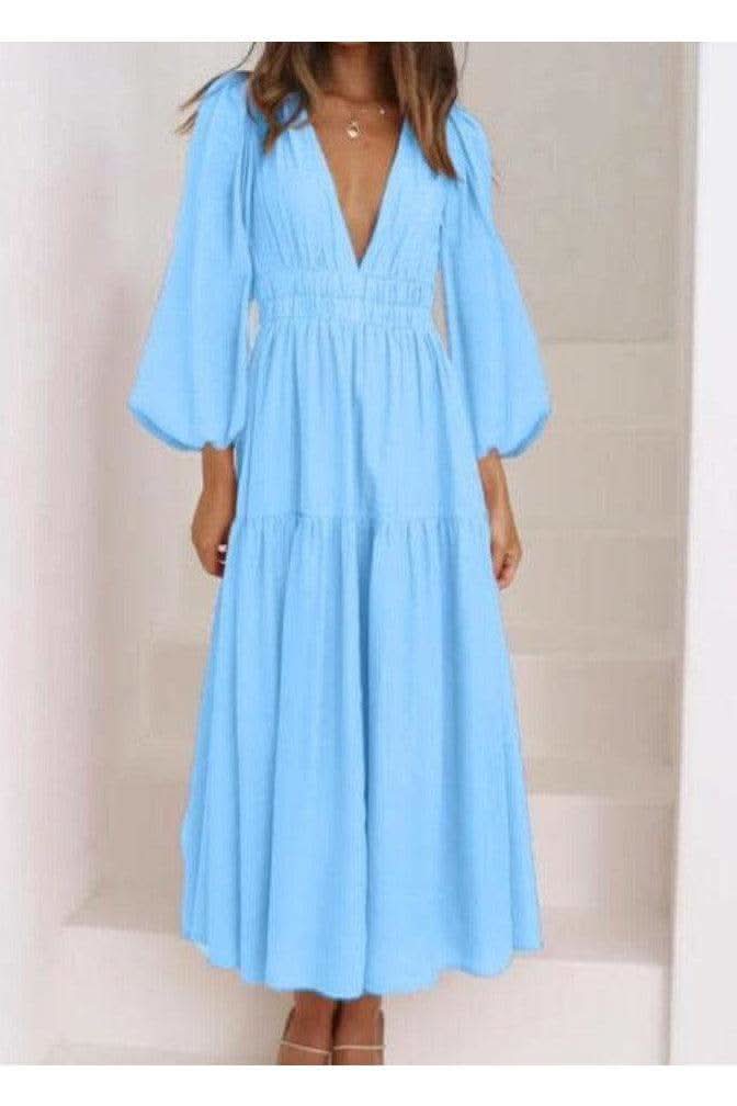 Feeling Myself Deep V-Neck Balloon Sleeve Plain Maxi Dress in - Dresses photo