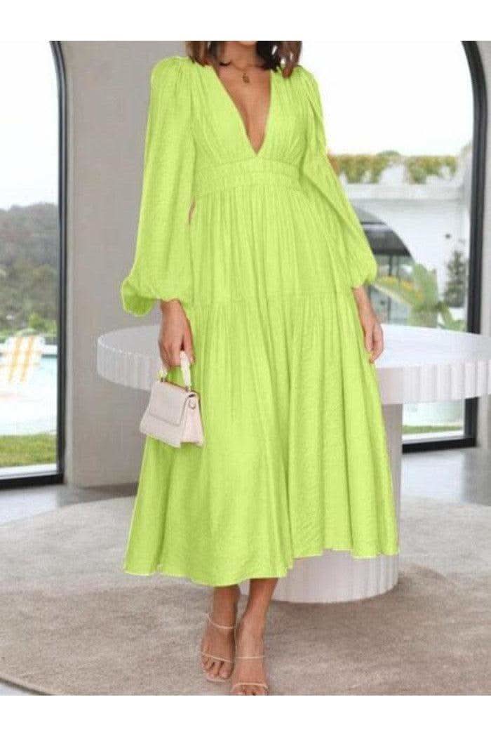Feeling Myself Deep V-Neck Balloon Sleeve Plain Maxi Dress in Mint Green - Dresses photo