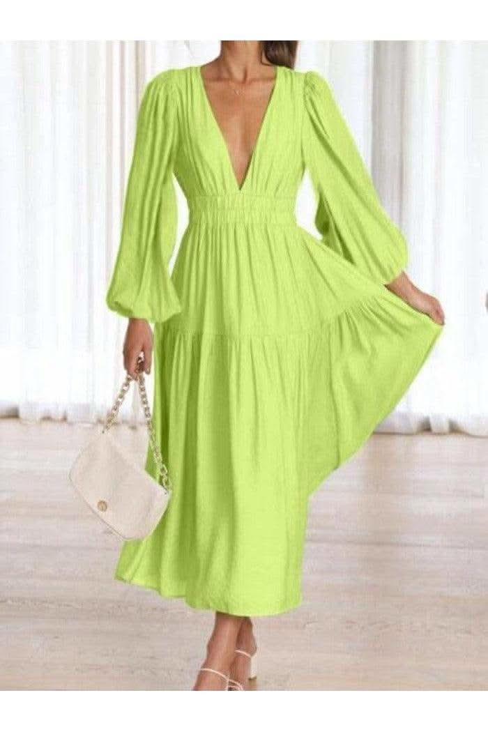 Feeling Myself Deep V-Neck Balloon Sleeve Plain Maxi Dress in - Dresses photo