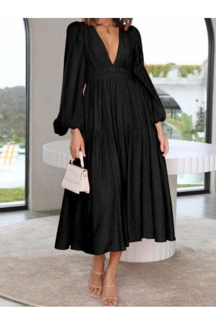 Feeling Myself Deep V-Neck Balloon Sleeve Plain Maxi Dress in Black - Dresses photo