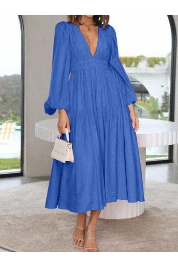 Feeling Myself Deep V-Neck Balloon Sleeve Plain Maxi Dress in Cobalt Blue - Dresses photo
