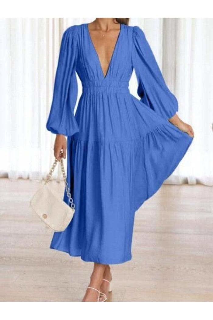 Feeling Myself Deep V-Neck Balloon Sleeve Plain Maxi Dress in - Dresses photo