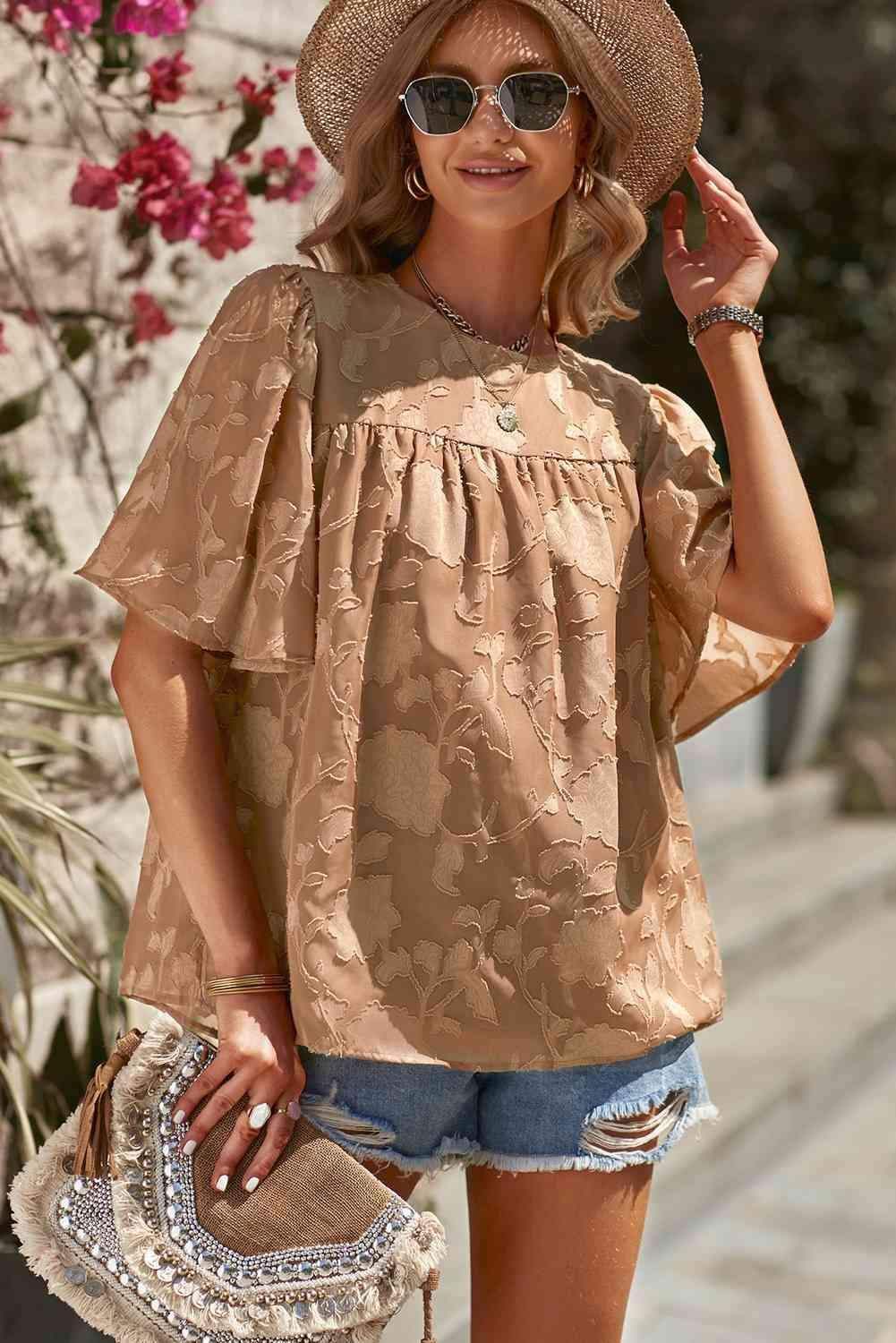Gabrielle Round Neck Puff Sleeve Blouse - SwagglyLife Home & Fashion