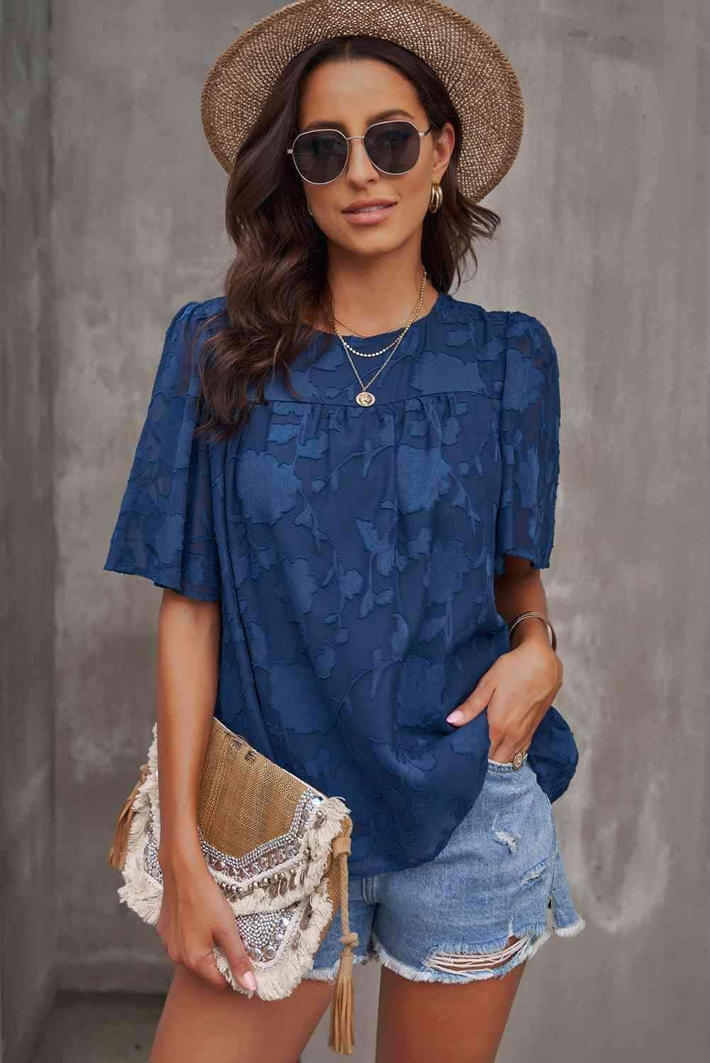 Gabrielle Round Neck Puff Sleeve Blouse - SwagglyLife Home & Fashion