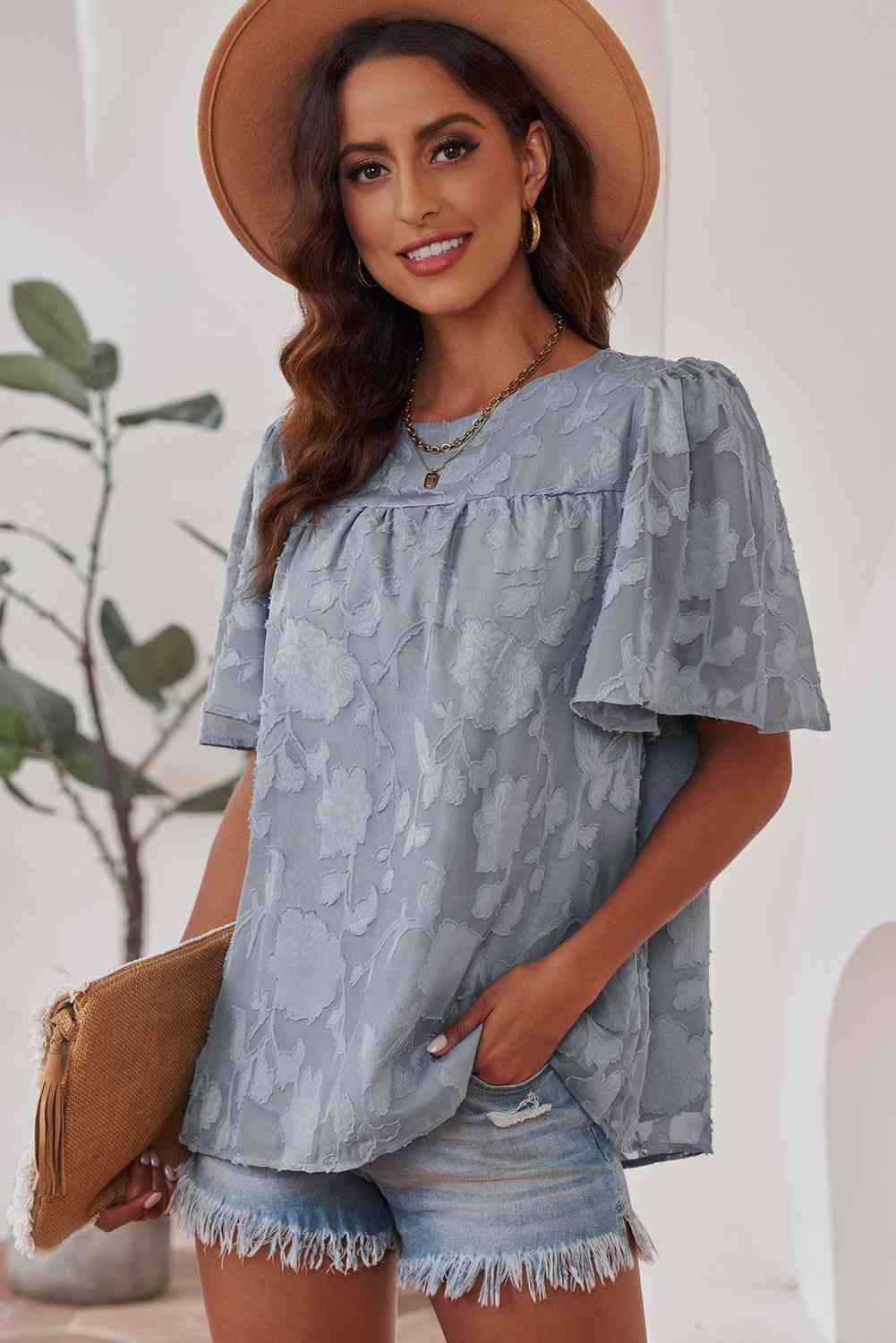 Gabrielle Round Neck Puff Sleeve Blouse - SwagglyLife Home & Fashion