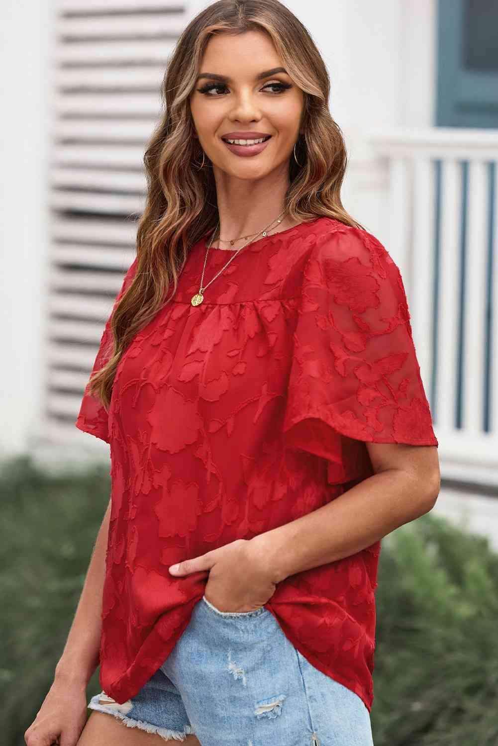 Gabrielle Round Neck Puff Sleeve Blouse - SwagglyLife Home & Fashion