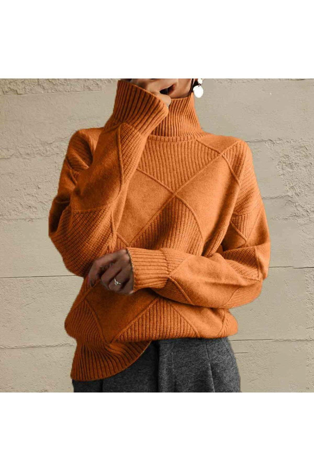 Geometric Turtleneck Long Sleeve Sweater in Pumpkin - Shirts & Tops photo