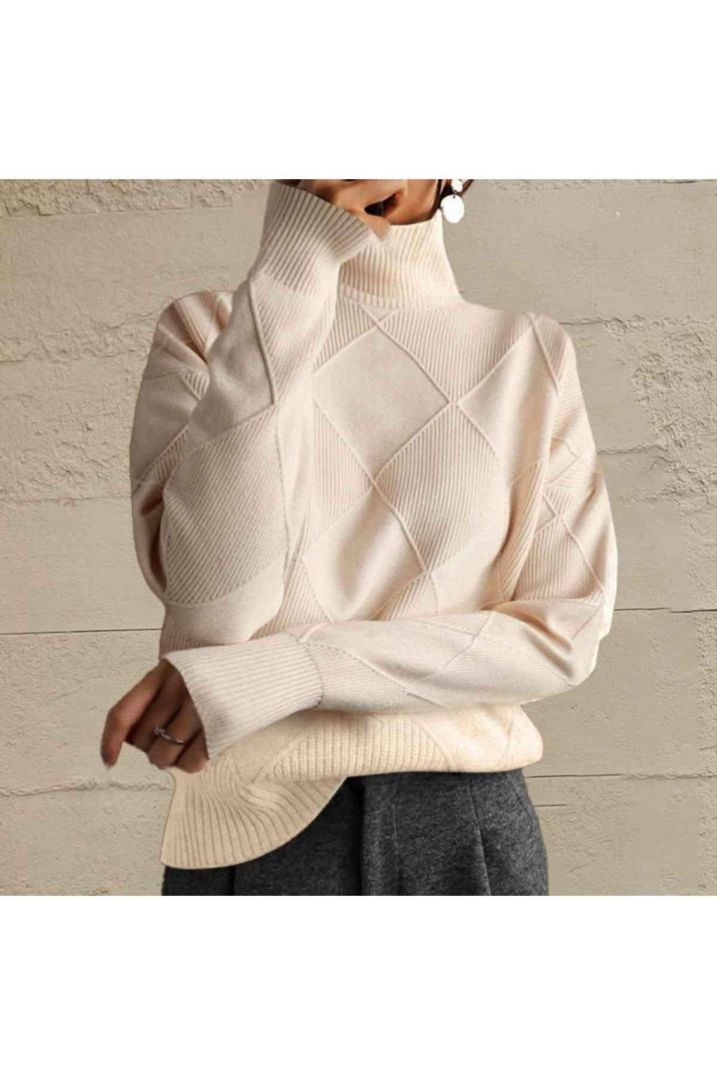 Geometric Turtleneck Long Sleeve Sweater in Ivory - Shirts & Tops photo