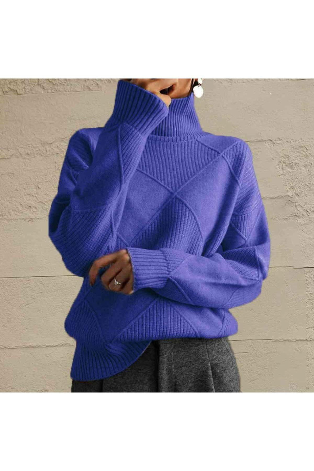 Geometric Turtleneck Long Sleeve Sweater in Light Indigo - Shirts & Tops photo