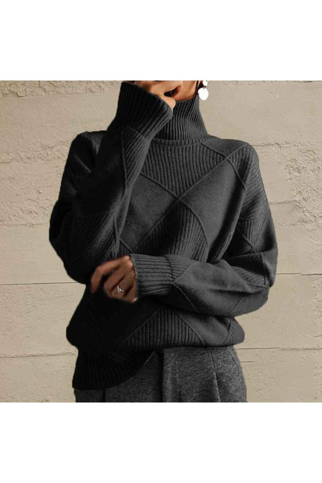 Geometric Turtleneck Long Sleeve Sweater in Black - Shirts & Tops photo