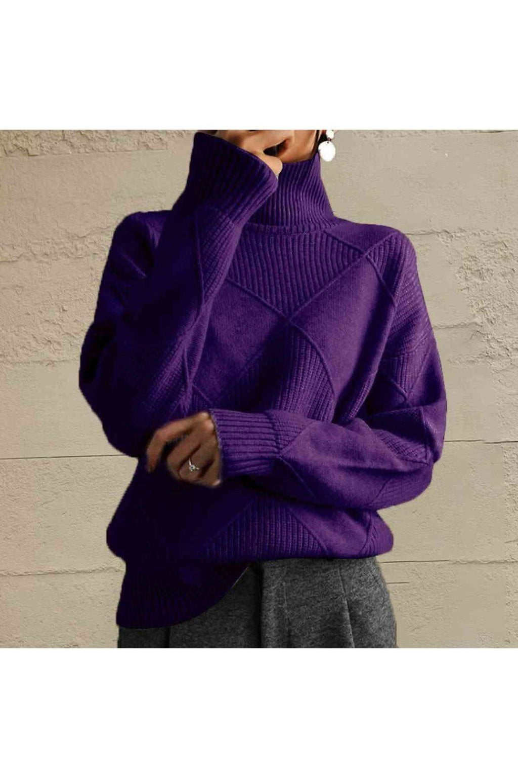 Geometric Turtleneck Long Sleeve Sweater in Plum - Shirts & Tops photo