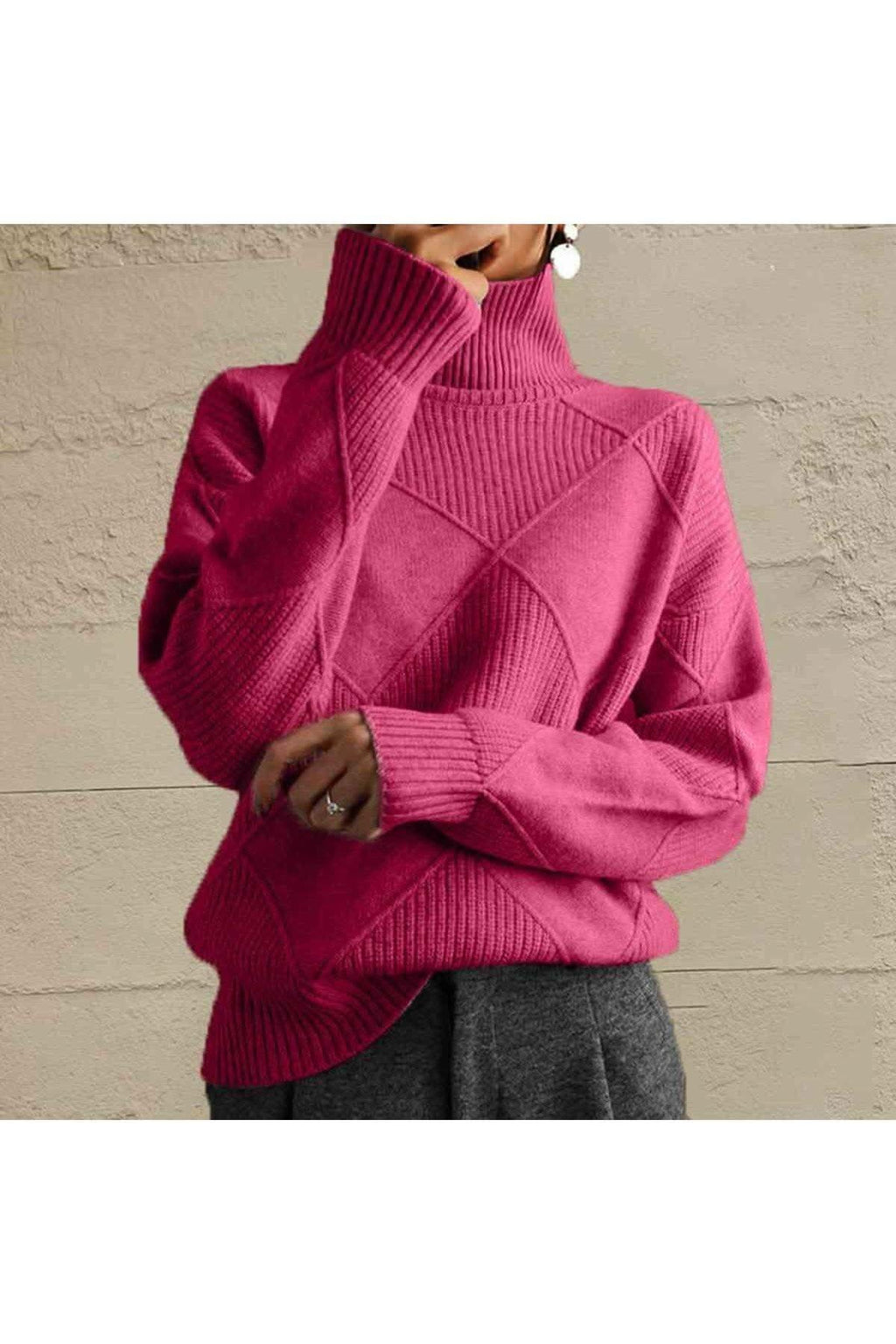 Geometric Turtleneck Long Sleeve Sweater in Strawberry - Shirts & Tops photo