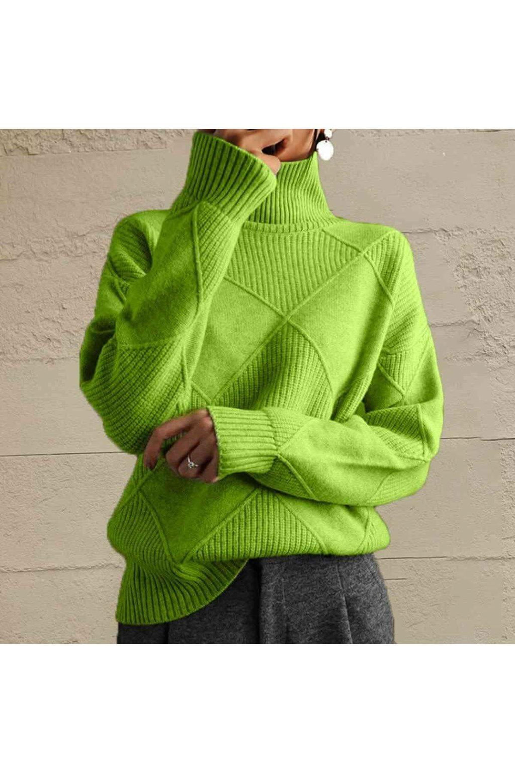 Geometric Turtleneck Long Sleeve Sweater in Lime - Shirts & Tops photo