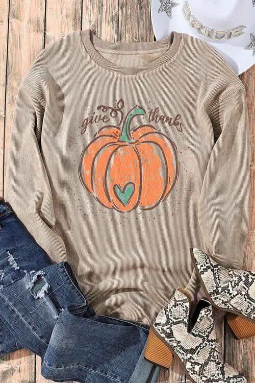 Give Thanks Graphic Round Neck Sweatshirt - SwagglyLife Home & Fashion