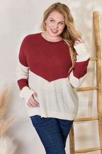 Hailey & Co Full Size Color Block Dropped Shoulder Knit Top - SwagglyLife Home & Fashion