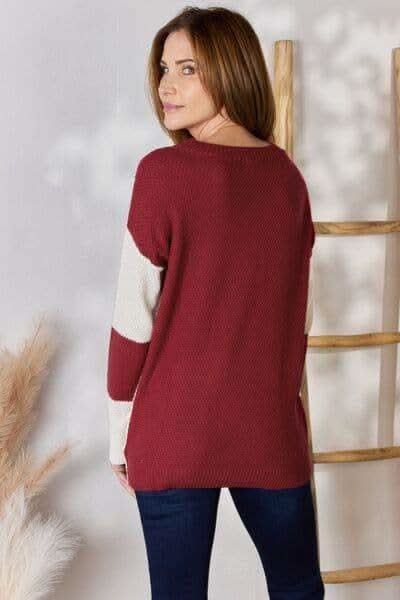 Hailey & Co Full Size Color Block Dropped Shoulder Knit Top - SwagglyLife Home & Fashion