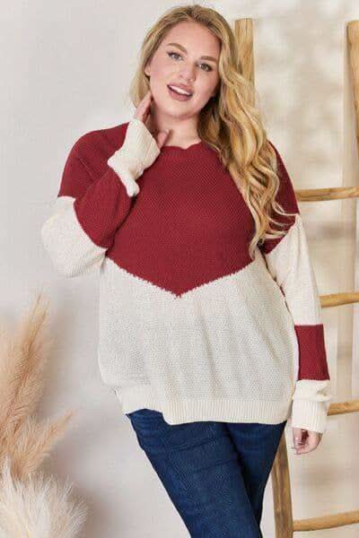 Hailey & Co Full Size Color Block Dropped Shoulder Knit Top - SwagglyLife Home & Fashion