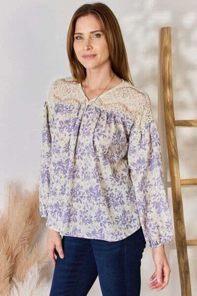 Hailey & Co Full Size Lace Detail Printed Blouse - SwagglyLife Home & Fashion