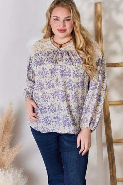 Hailey & Co Full Size Lace Detail Printed Blouse - SwagglyLife Home & Fashion