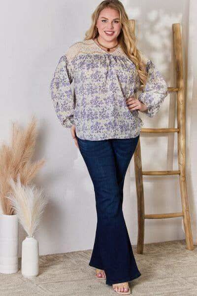 Hailey & Co Full Size Lace Detail Printed Blouse - SwagglyLife Home & Fashion