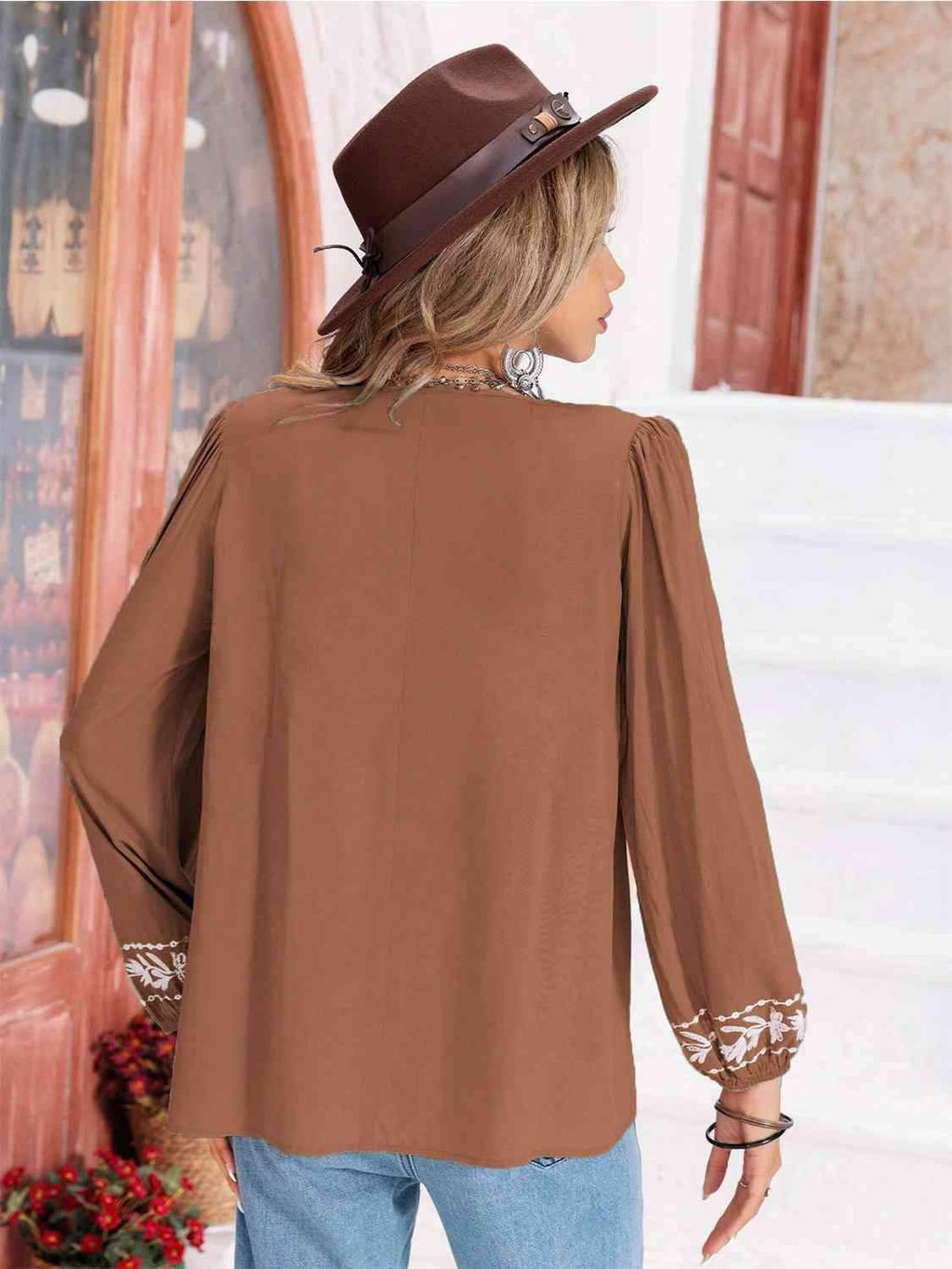 Hayden Floral Tie Neck Balloon Sleeve Blouse - SwagglyLife Home & Fashion