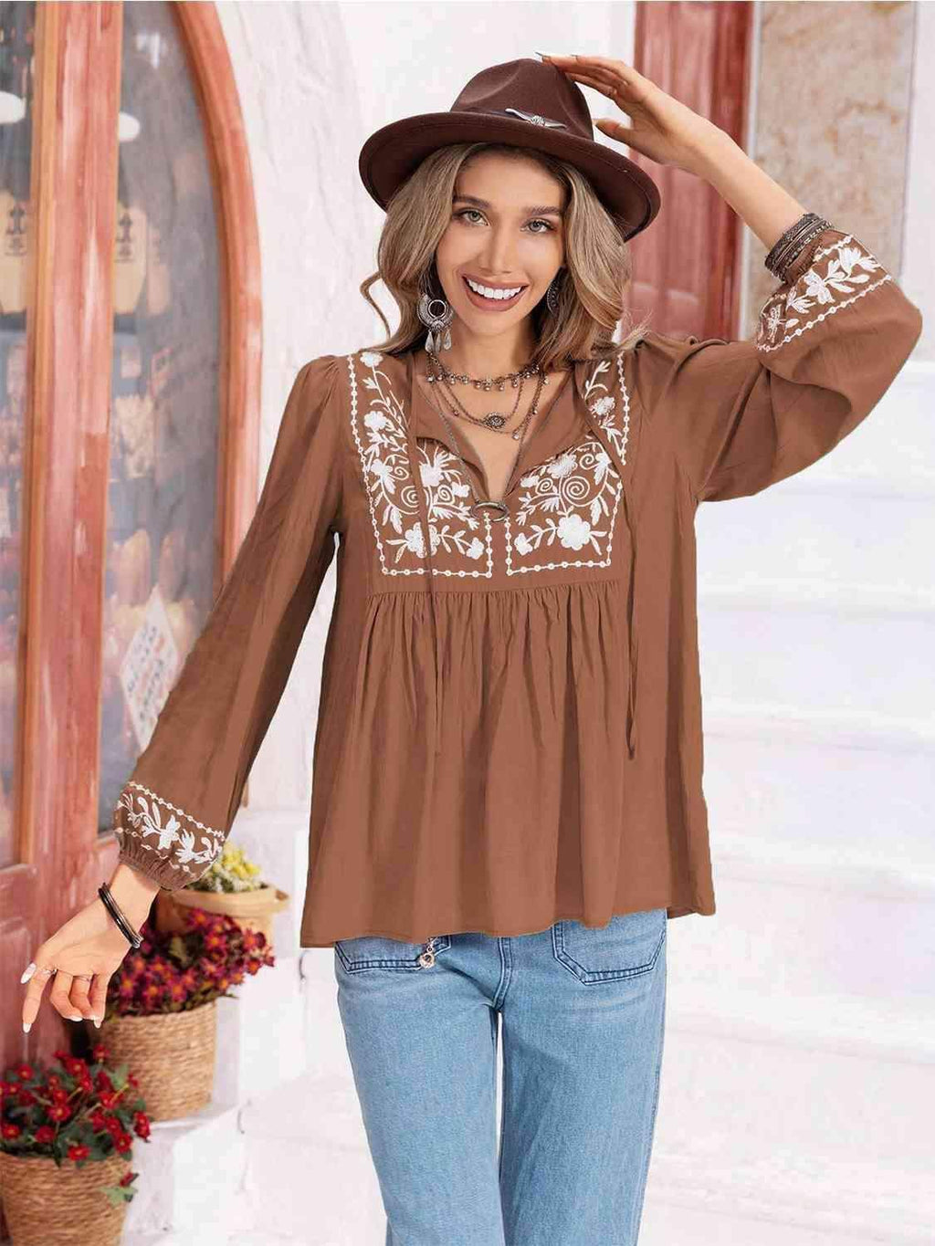 Hayden Floral Tie Neck Balloon Sleeve Blouse - SwagglyLife Home & Fashion